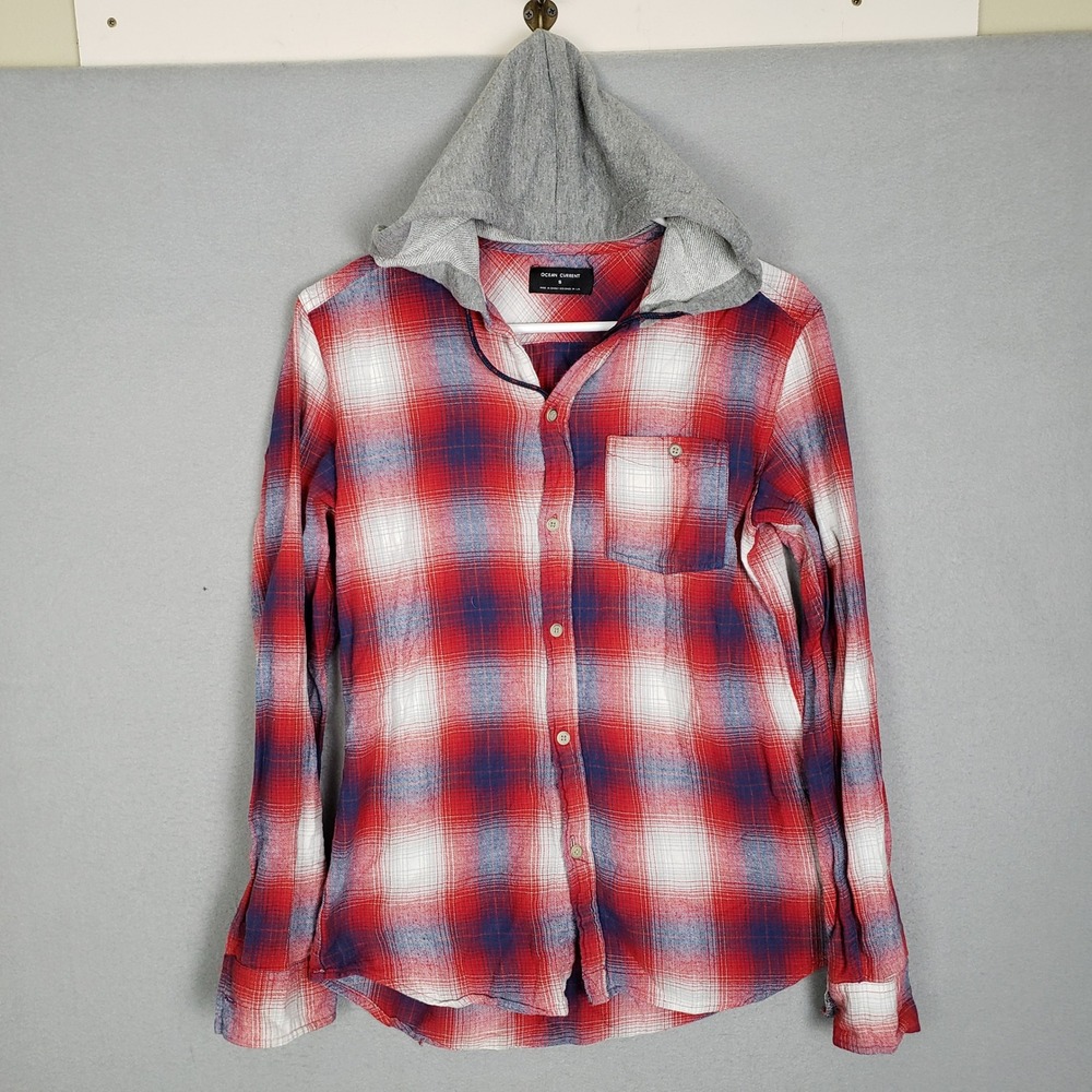 Ocean Current Hooded Plaid Button Up Sachet Red Flannel Y2K Style Streetwear S
